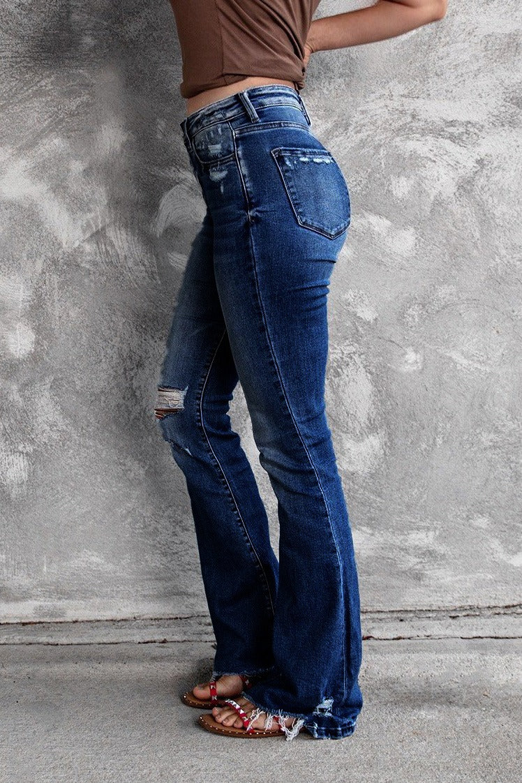 High Waist Distressed Raw Hem Flare Jeans