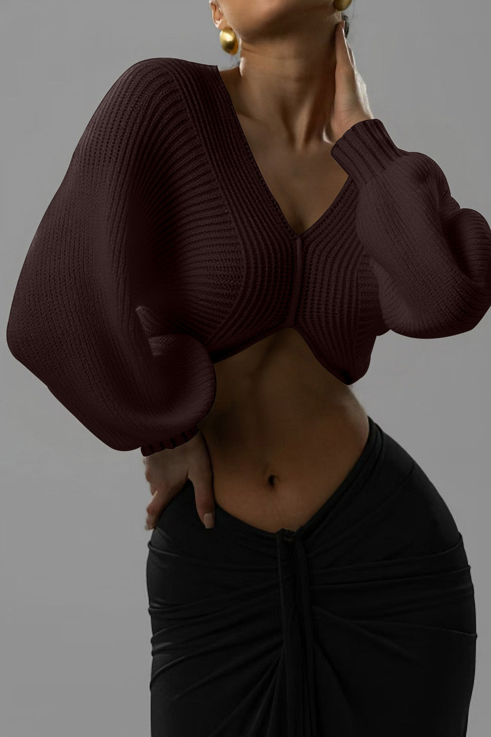 Knit V-Neck Long-Sleeve Top