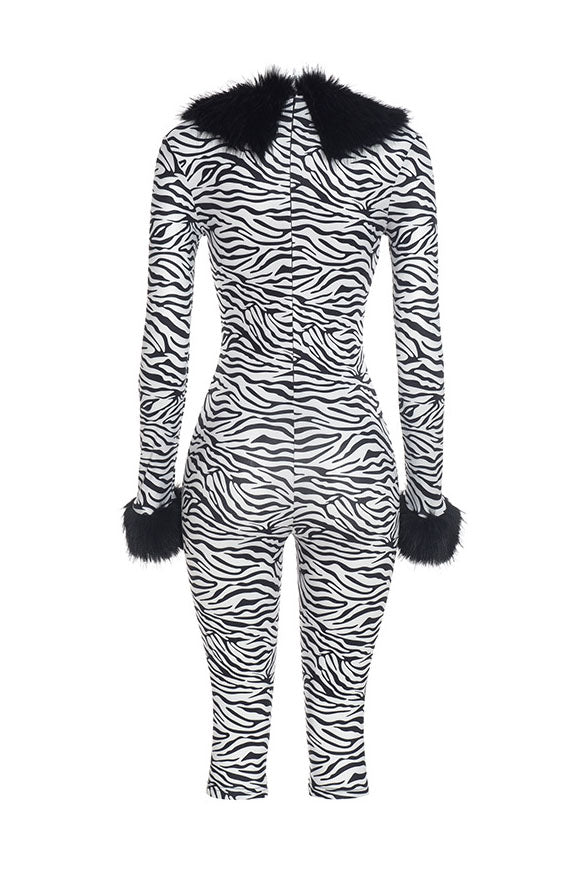 Zebra-Print Plush-Trim Capri Jumpsuit