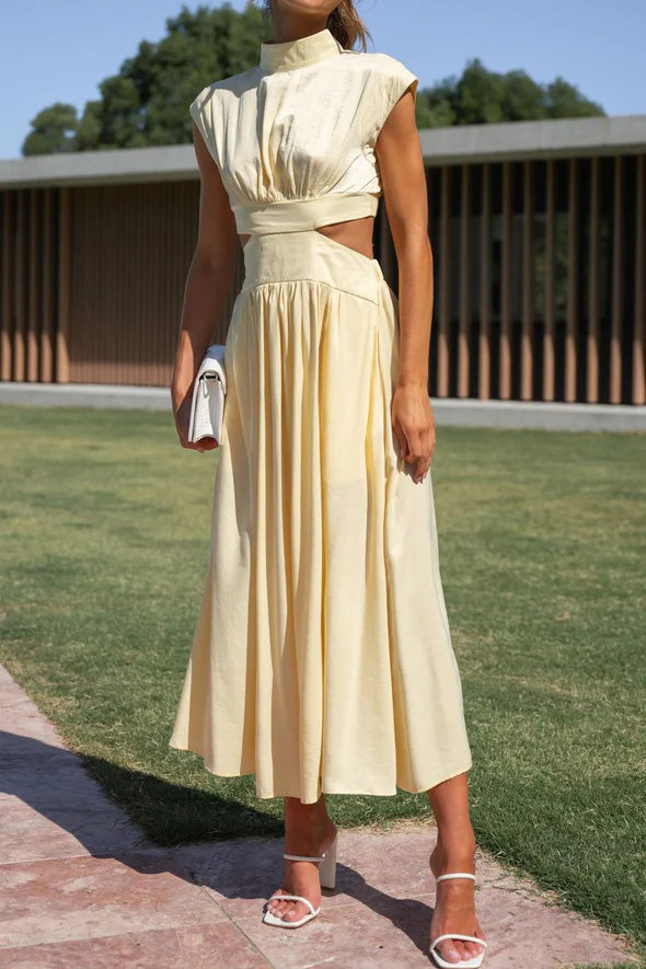 Mock Neck Cut Out Pleated Maxi Dress