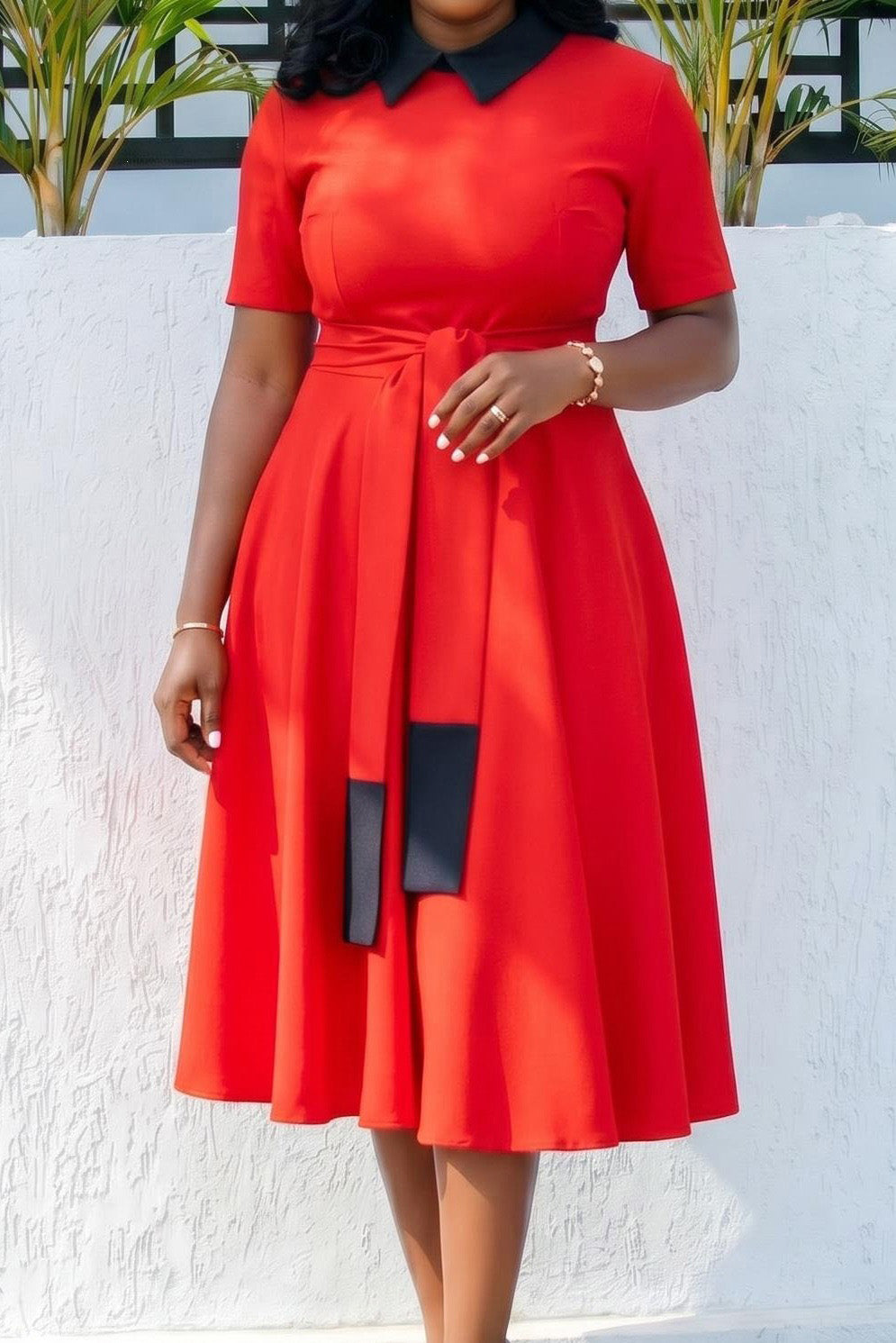 Contrast Collar Tie-Waist A-Line Midi Dress