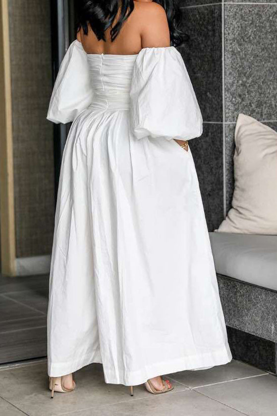Off-Shoulder Puff Sleeve Wide Leg Jumpsuit