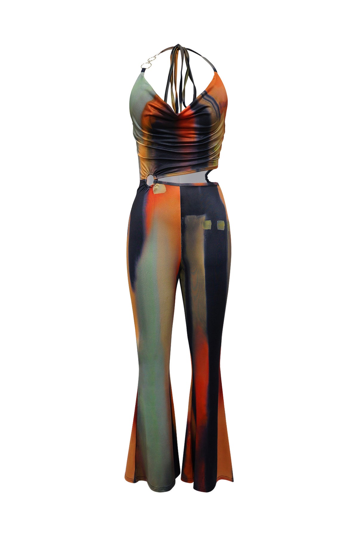Cowl Neck Cutout Flared Jumpsuit