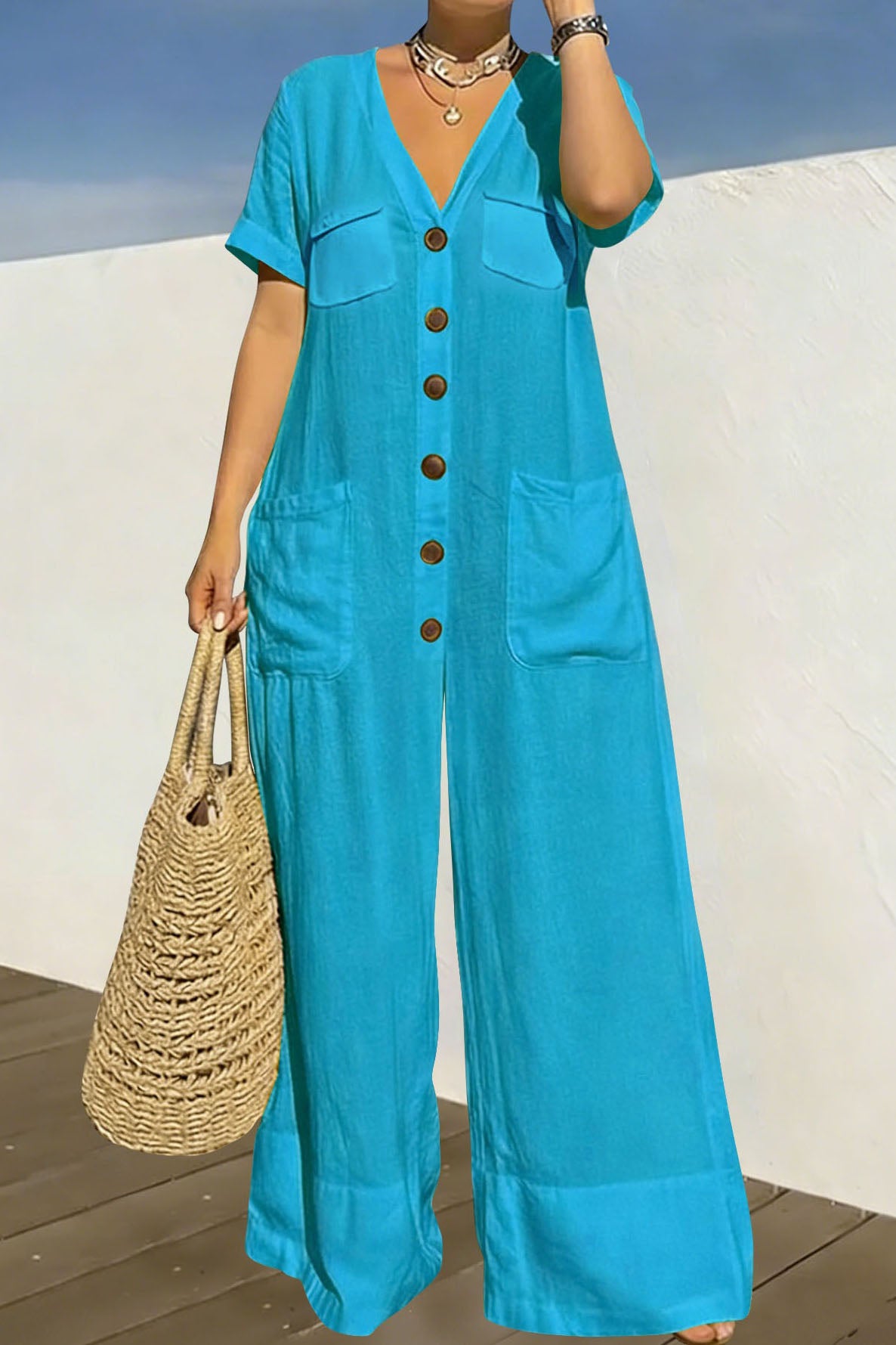 Plus Size Relaxed Button-Front Wide Leg Jumpsuit