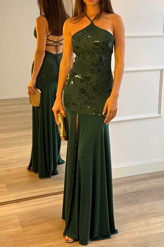 Sequin Floral Halter Mermaid Maxi Dress