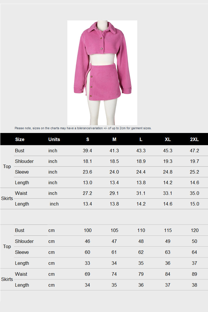 Fleece Long Sleeve Crop Tops Button Split Skirts