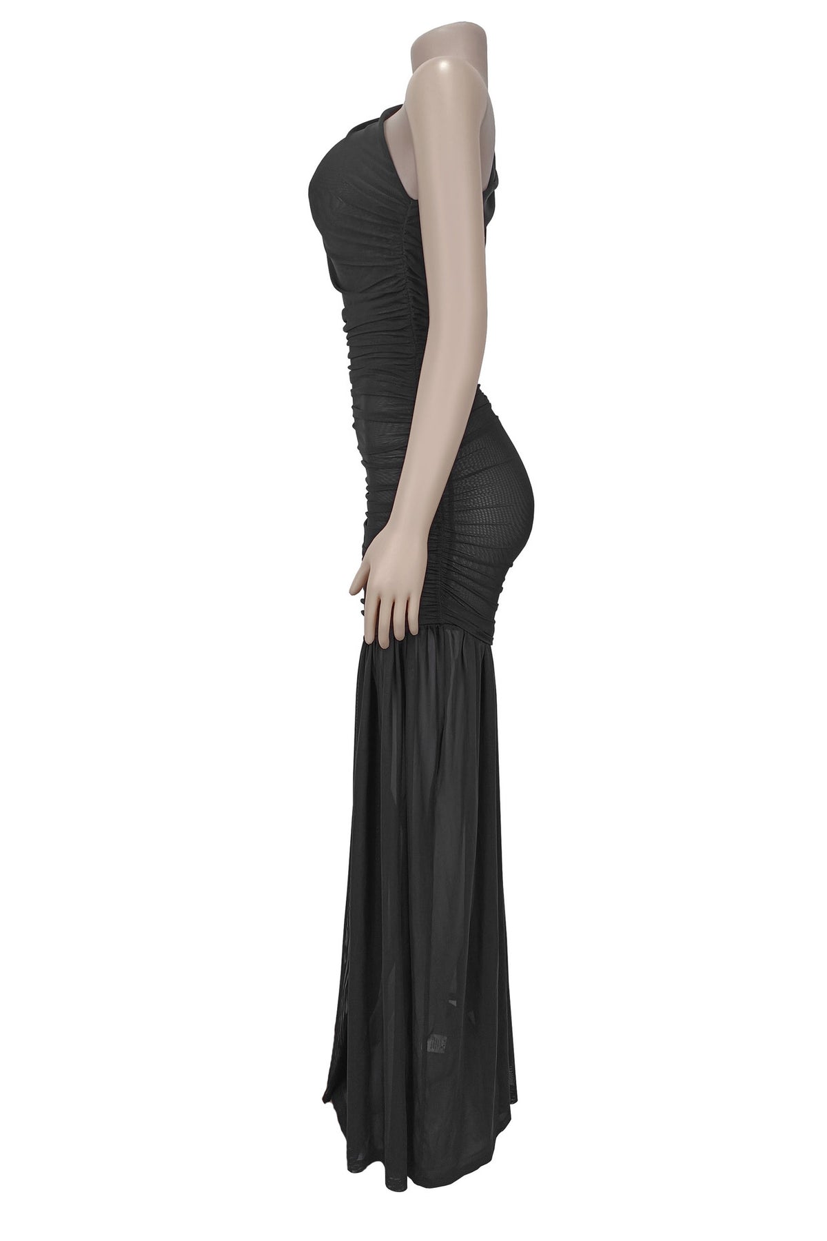 One-Shoulder Ruched Mesh Maxi Dress