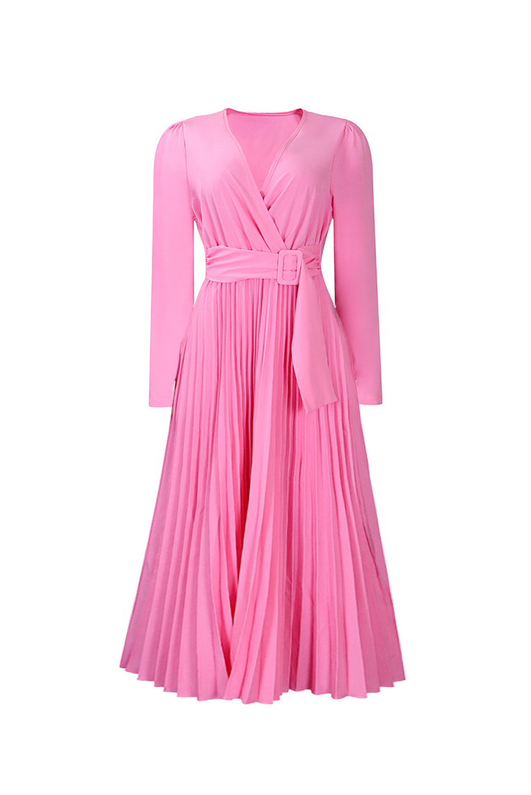 V Neck Long Sleeve Pleated Midi Dress