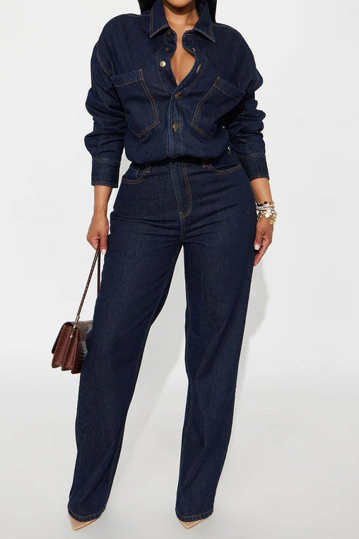 Stretch Long Sleeve Denim Jumpsuit