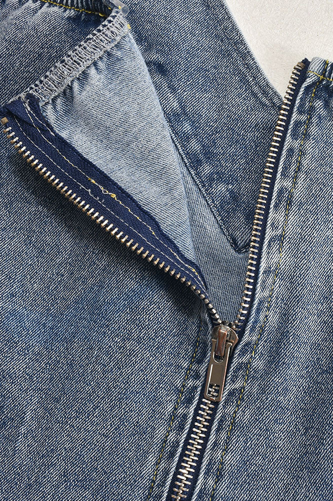 V Neck Pleated Denim Dress