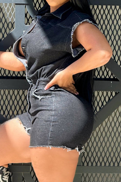 Denim Washed Distressed Romper