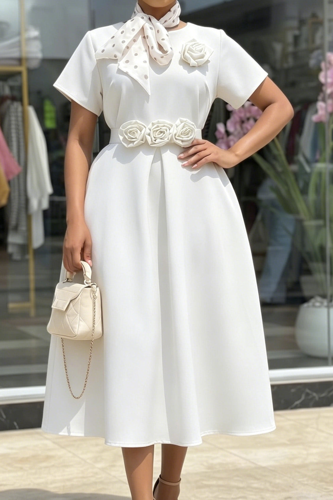 3D Rosette Belted A-Line Midi Dress