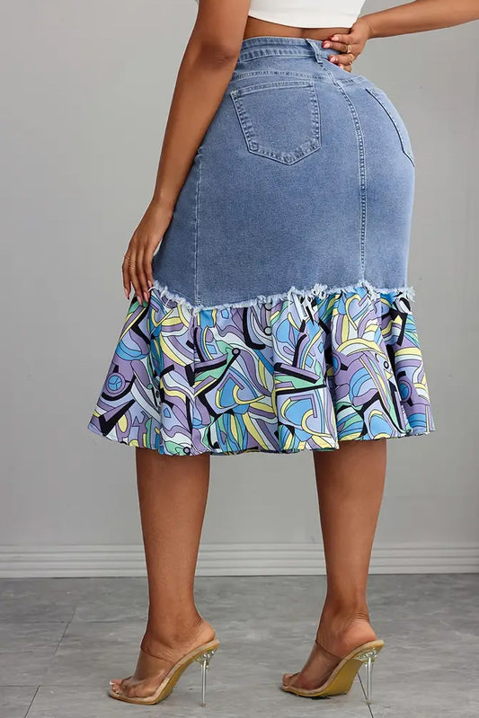 Plus Size Floral Patchwork Denim Skirt