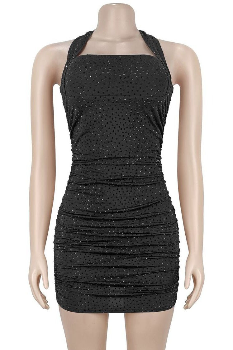 Rhinestone Ruched Halter Mini Dress