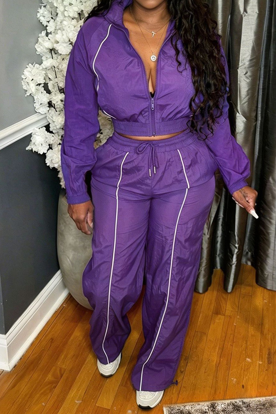 Zip-Front Piped Top & Wide-Leg Pants Set