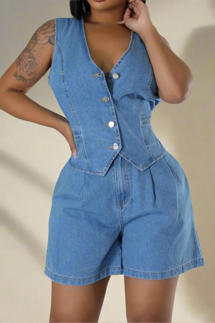Denim Vest Shorts Matching Set