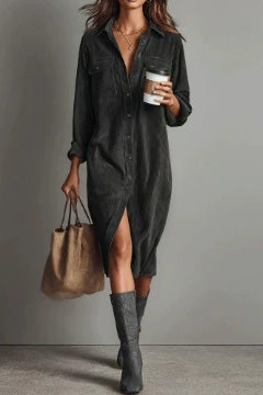 Single Breasted Pocket Shirt Style Midi Dress
