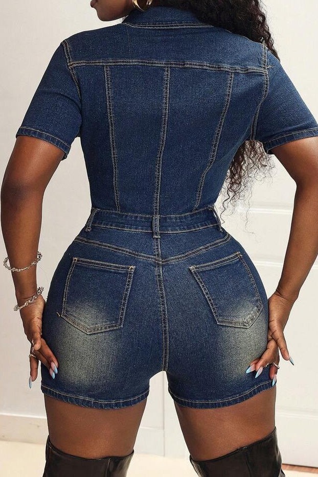 Short Sleeve Slim Fit Stretch Denim Romper