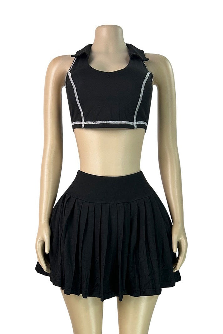 Contrast Stitch Collared Crop Top & Pleated Mini Skirt Set