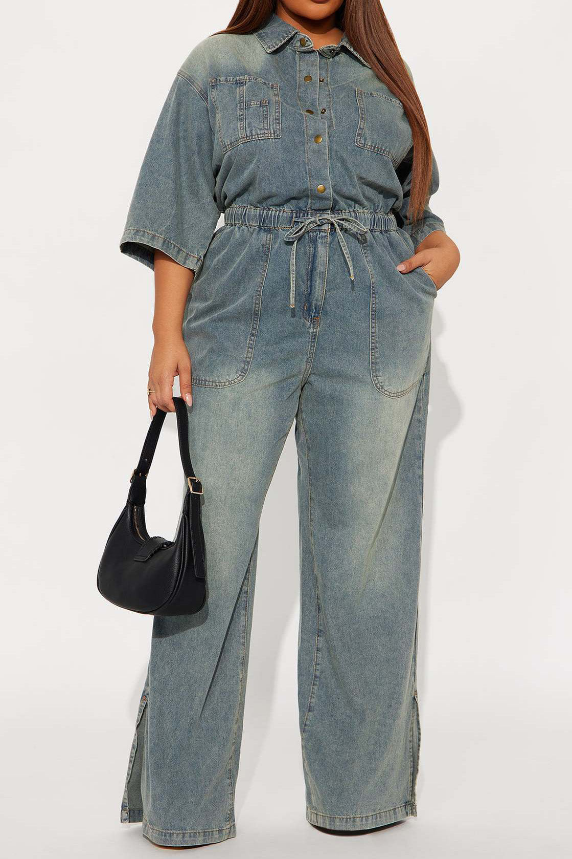 Stretch Denim Jumpsuit with Split Flare Legs