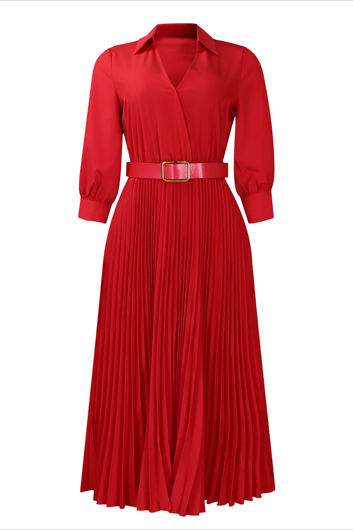 Solid Color Cinched Waist Pleated Long Dress