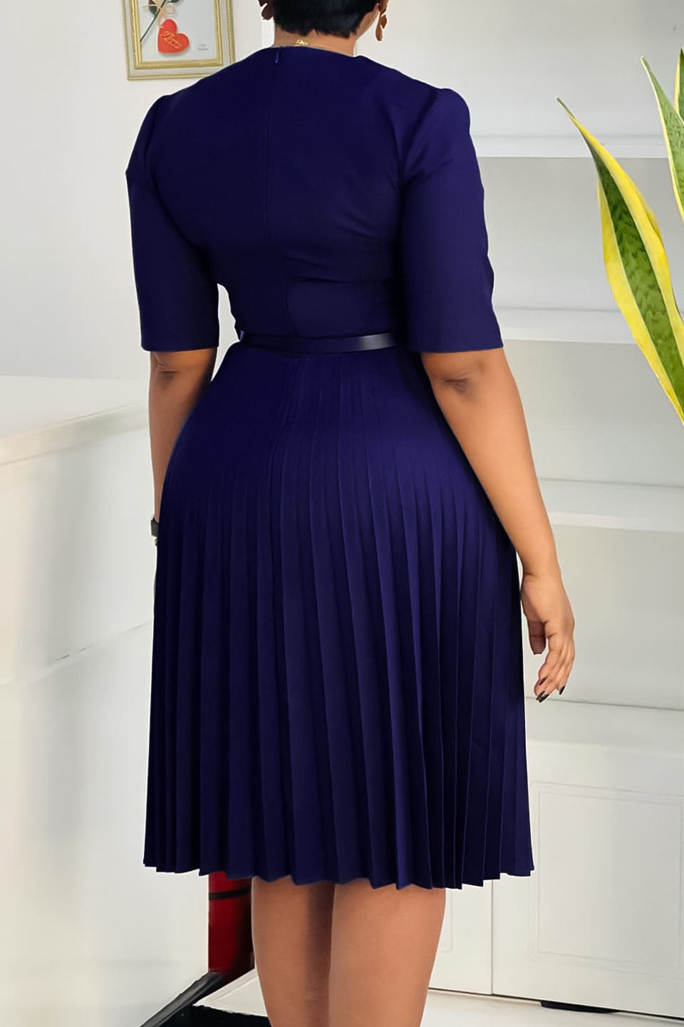 Solid Belted Pleated Dress