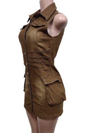 Sleeveless Cargo Denim Mini Dress