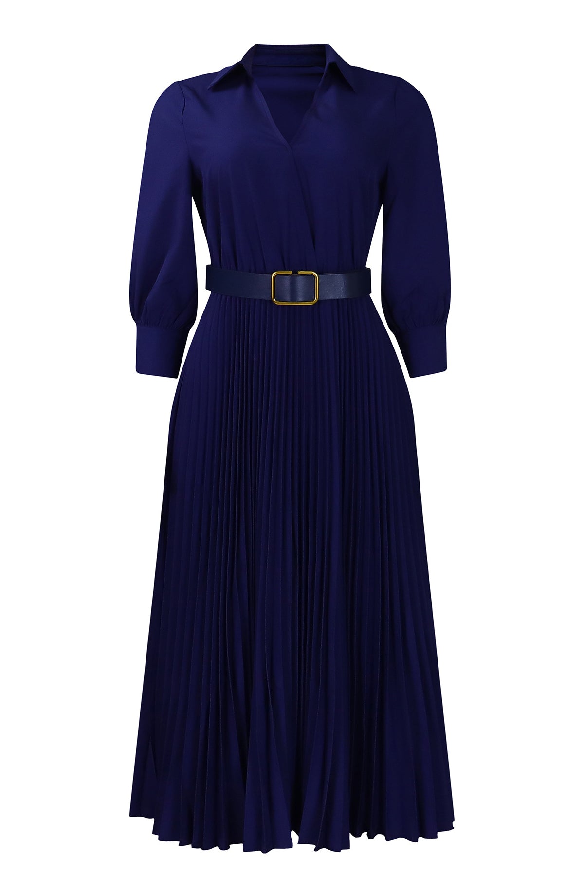 Solid Color Cinched Waist Pleated Long Dress