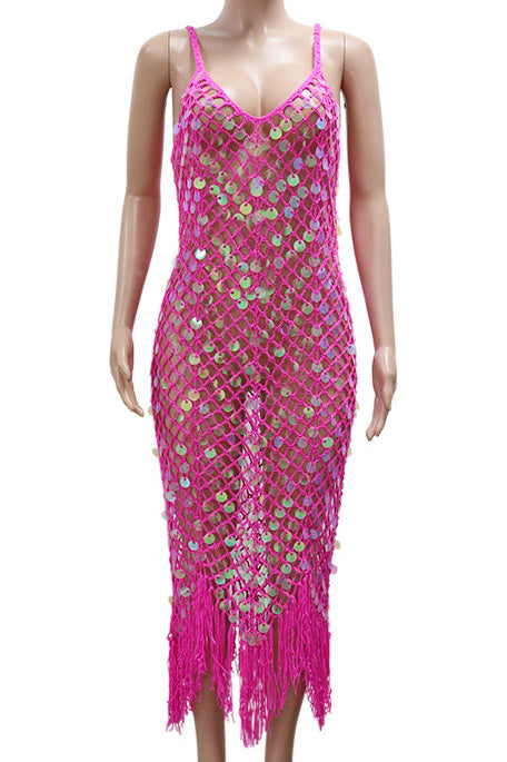 Disco V-Neck Fringe Hem Slip Dress