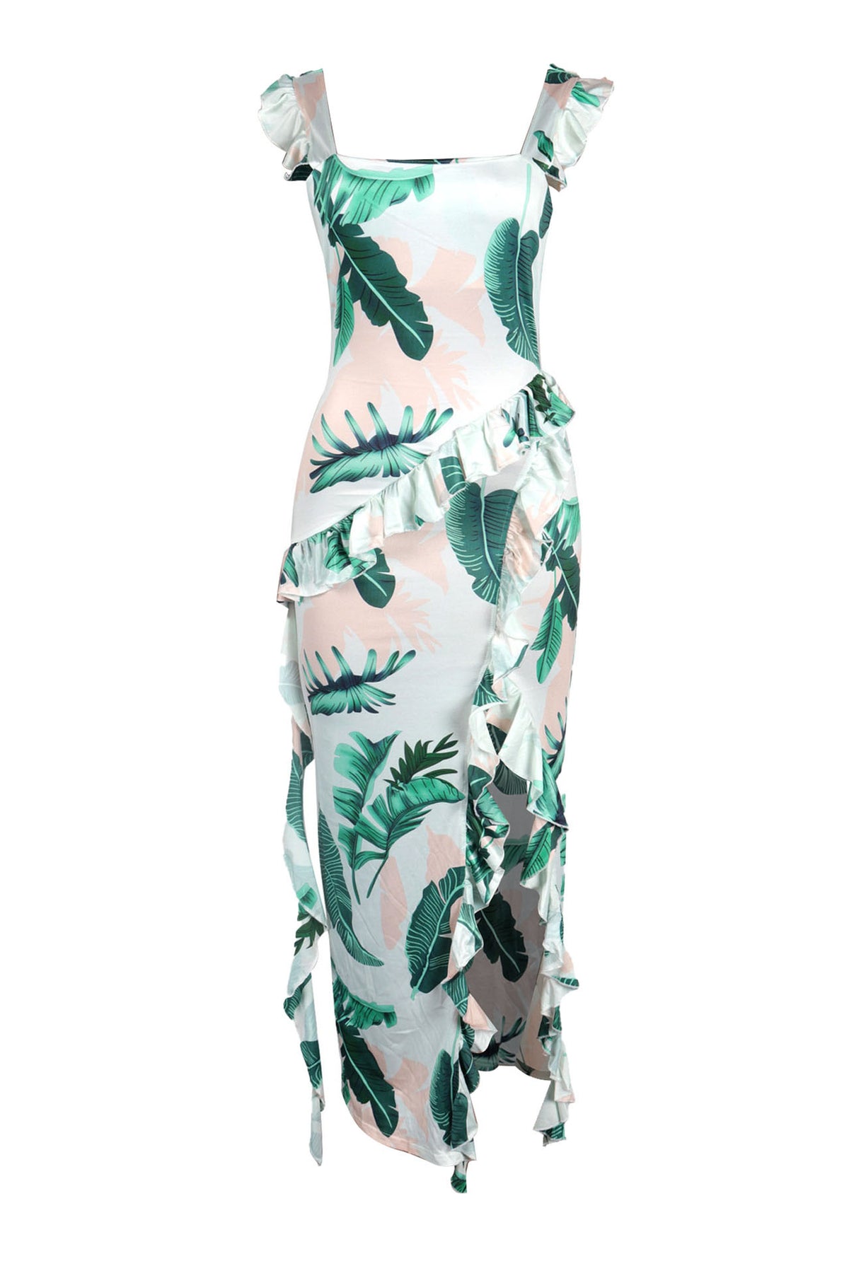 Long Strapless Dress With Slits and Tropical Print