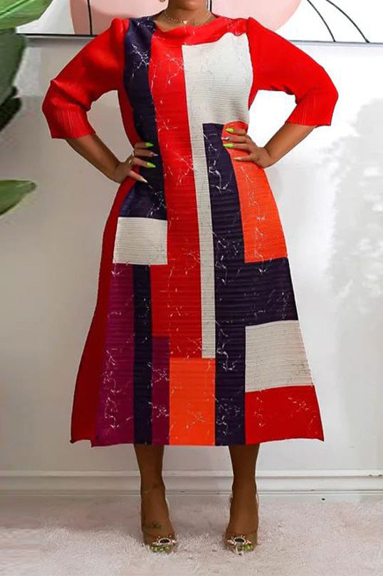 Abstract Print Pleated A Line Midi Dress