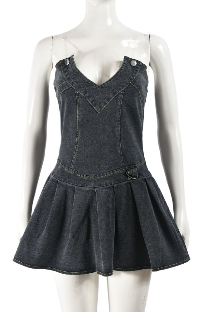 V Neck Pleated Denim Dress