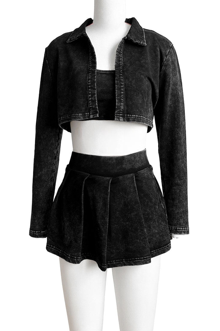 Three-Piece Acid Wash Set with Mini Pleated Skirt