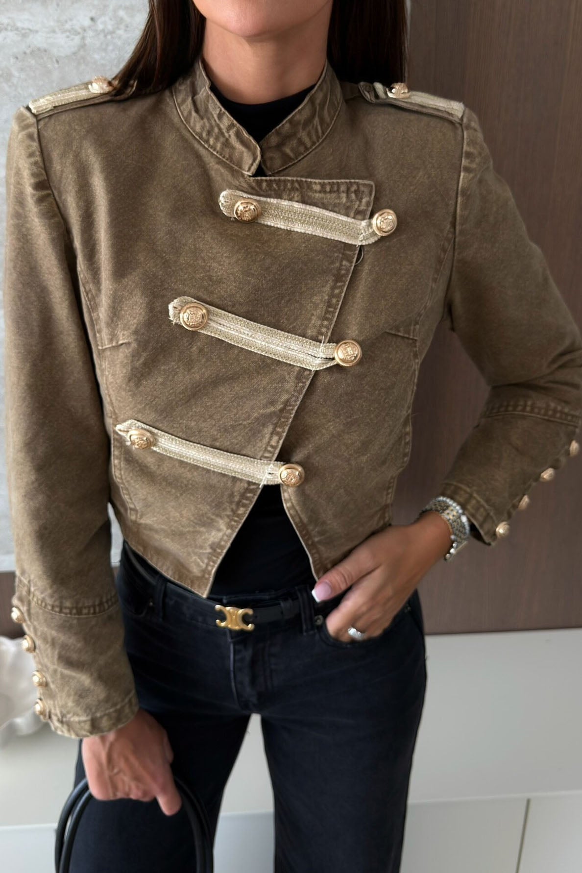 Cropped Military Jacket with Metal Button Detail