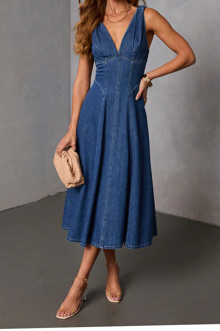 Plunge V-Neck Corset Denim Midi Dress