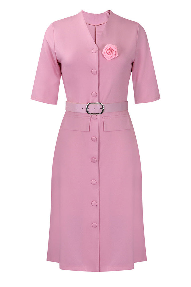 V-Neck Button Front Solid Color Midi Dress