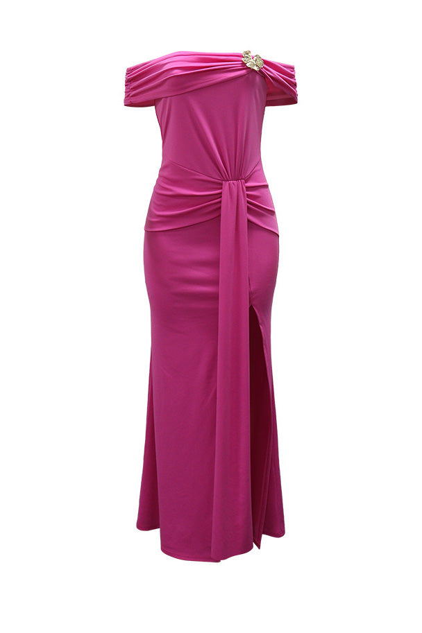 Off-Shoulder Draped Slit Maxi Dress