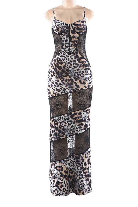 Leopard Print Lace Patchwork Cami Maxi Dress