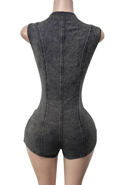 Waist-Cinched Denim Rompers