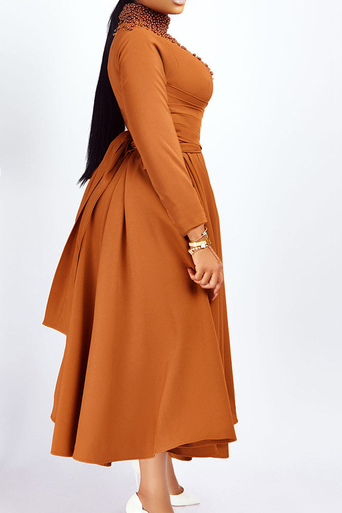 High Collar Elegant Beaded Large Swing Dress
