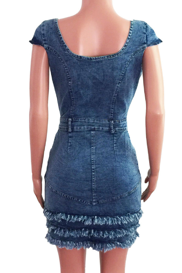 Ruffle Hem Bustier Denim Mini Dress
