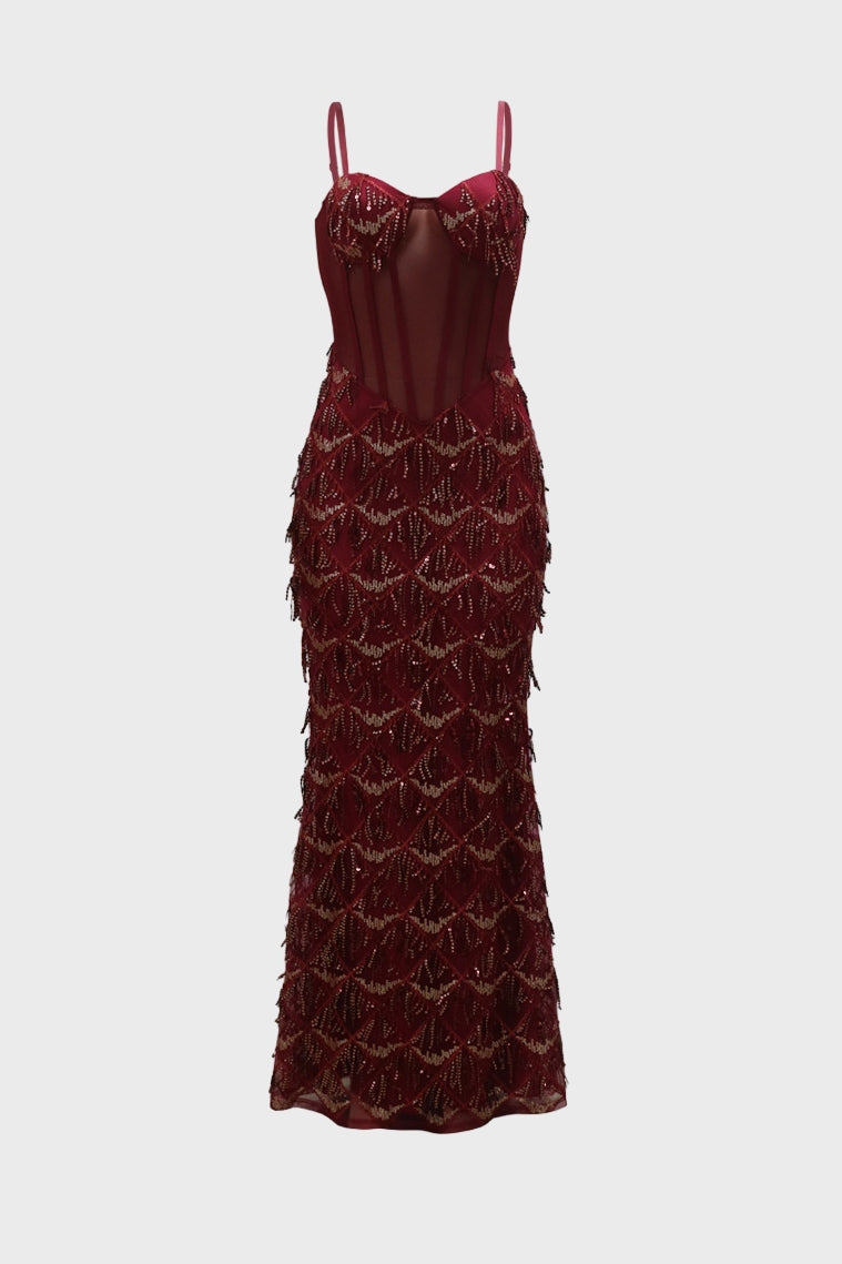 Cami Corset Sequin Fringe Gowns Maxi Dresses