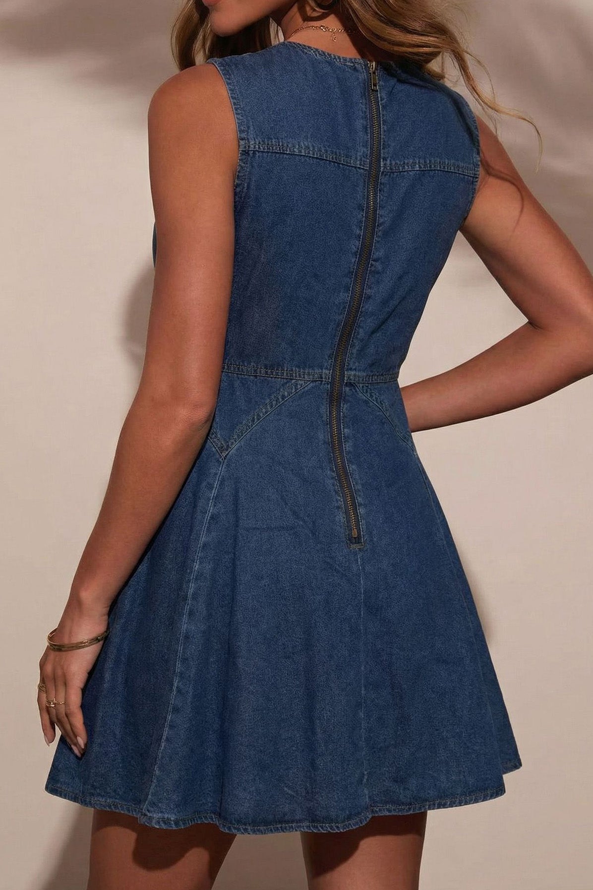 Decorative Jeweled Button Denim Mini Dress