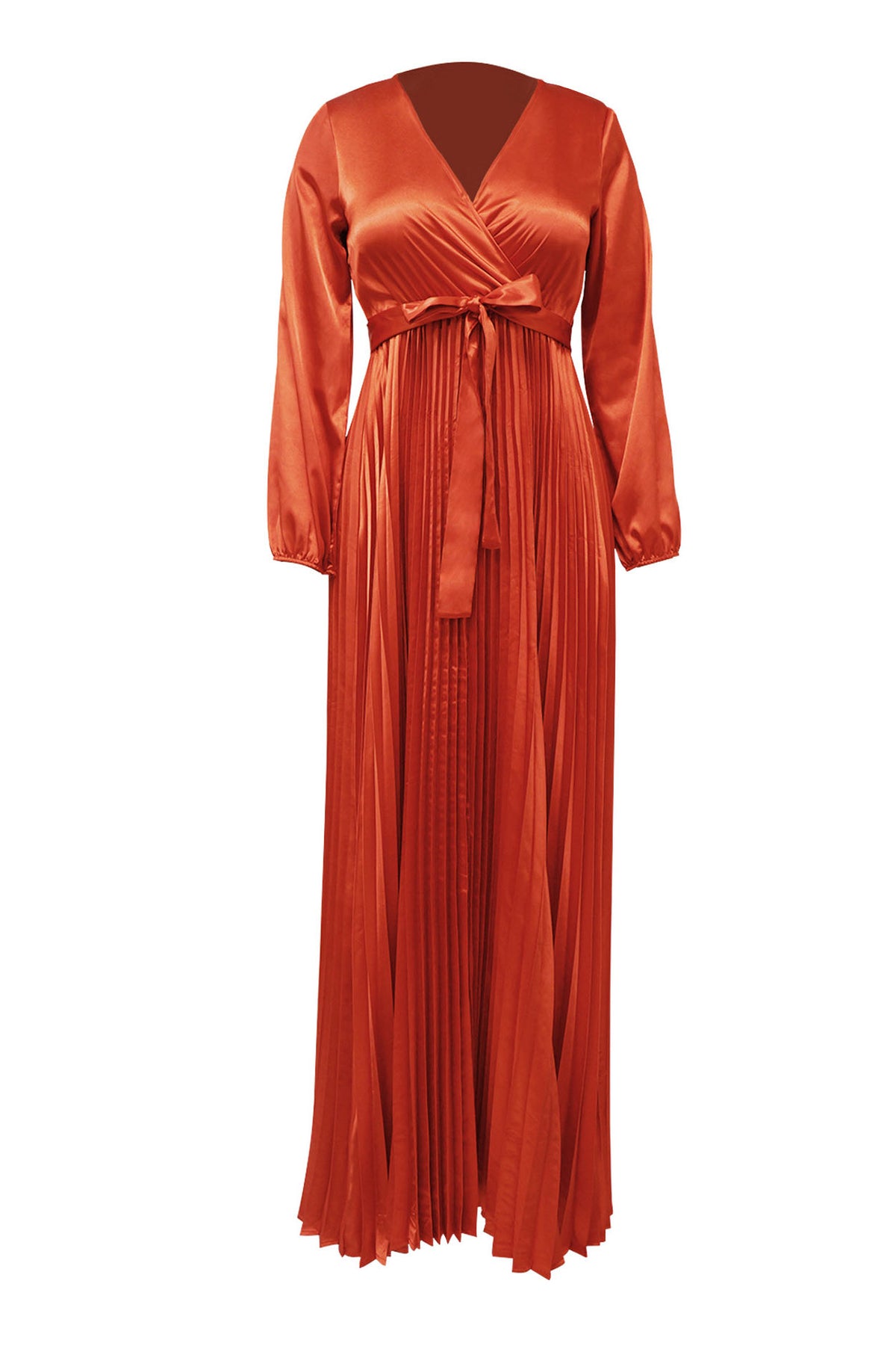 Faux Silk Pleated Tie-Waist Maxi Dress