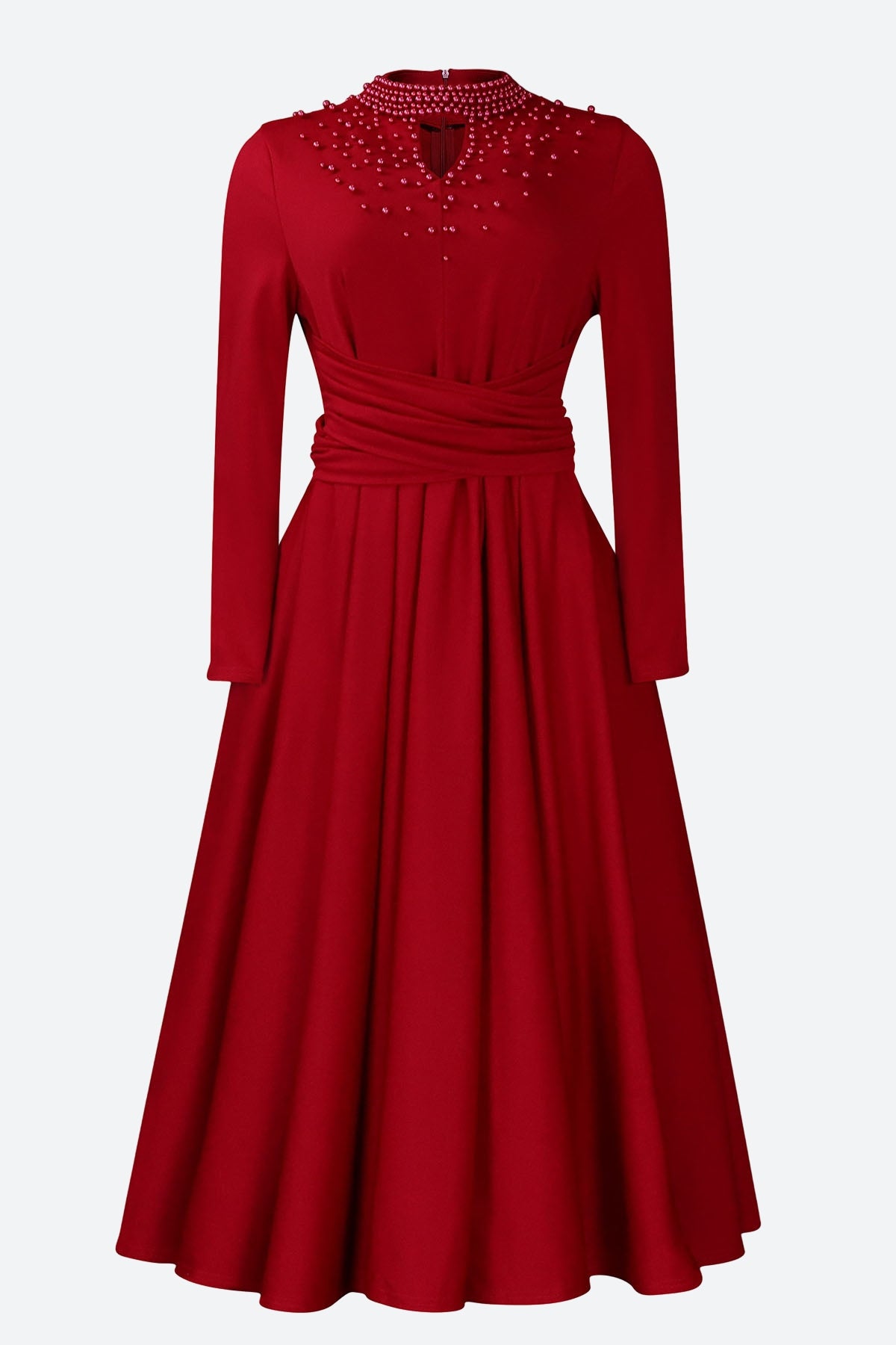 High Collar Elegant Beaded Large Swing Dress