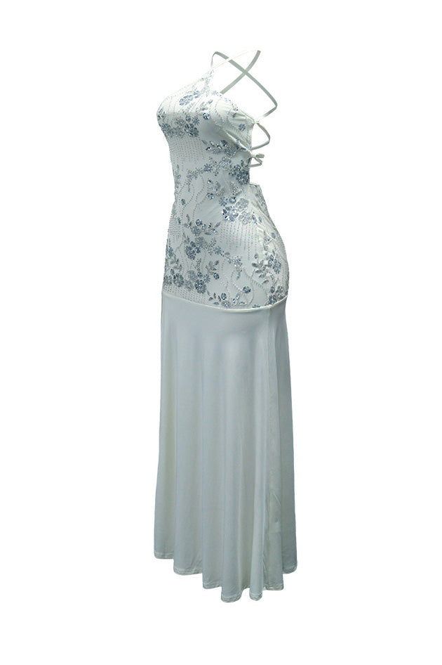 Sequin Floral Halter Mermaid Maxi Dress