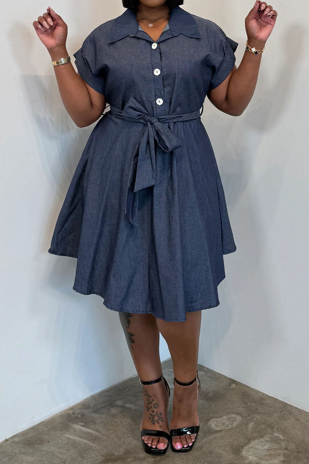 Plus Size Denim Button-Front Tie-Waist Shirt Dress