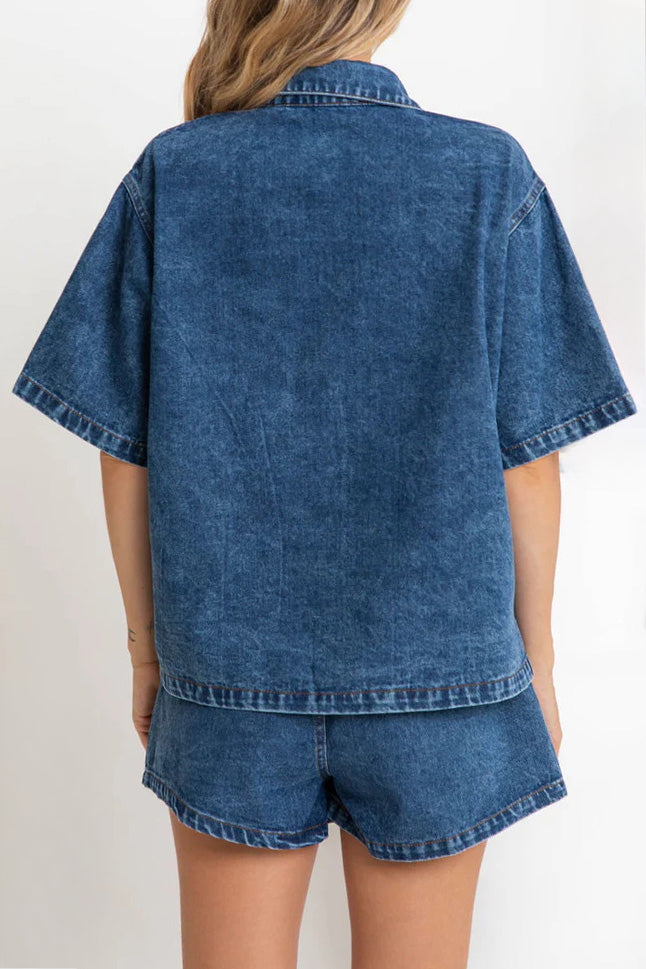 Vintage Elastic Waist Loose Denim Set