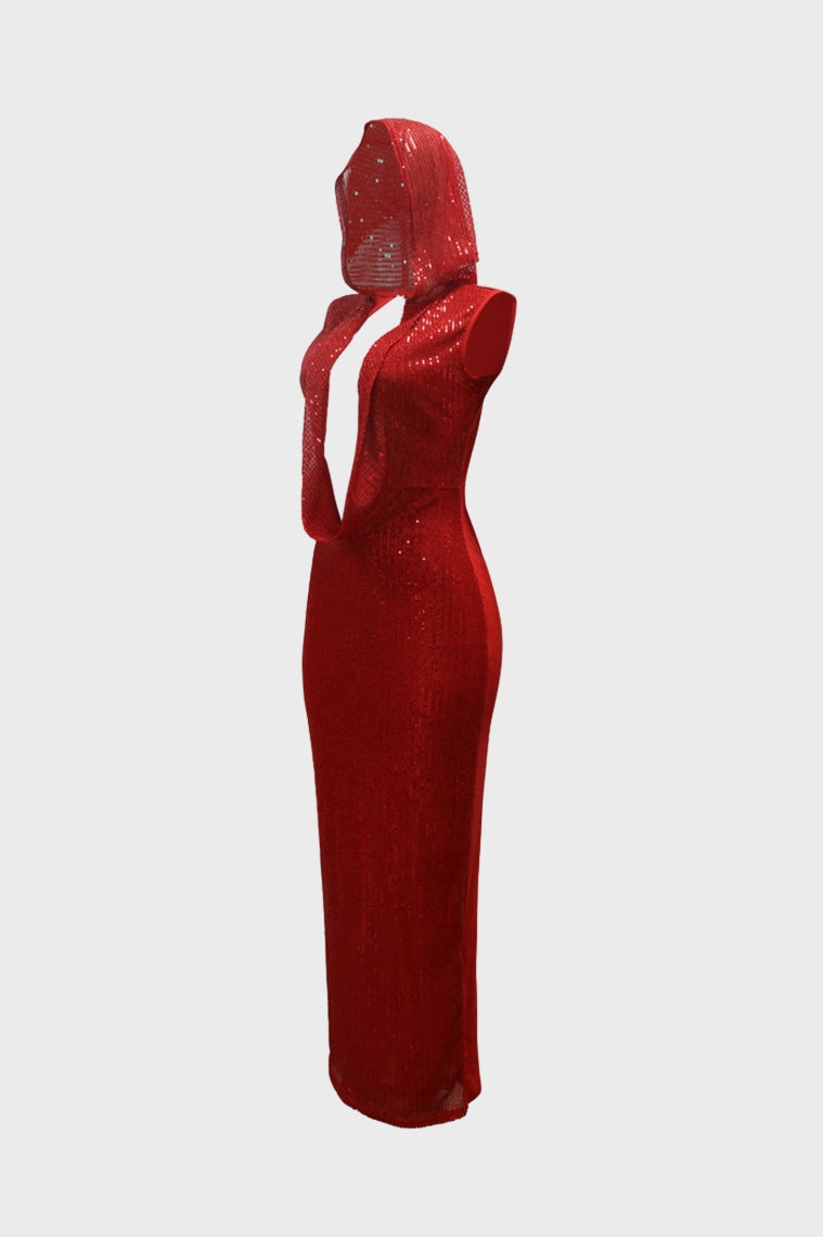Hooded Sleeveless Sequins Mesh Maxi Dress