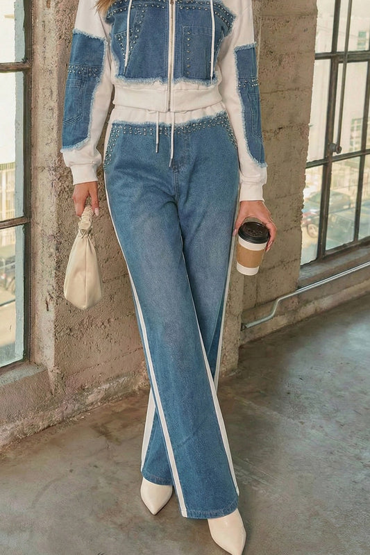 Denim Spliced Studded Wide Leg Joggers